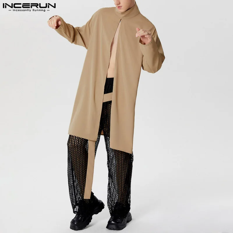 INCERUN เสื้อกันหนาวผู้ชายเสื้อคลุมเสื้อคอเต่าสีทึบแขนยาว Casual Trench Men Streetwear หลวม 2025 เปิดแฟชั่น Ponchos