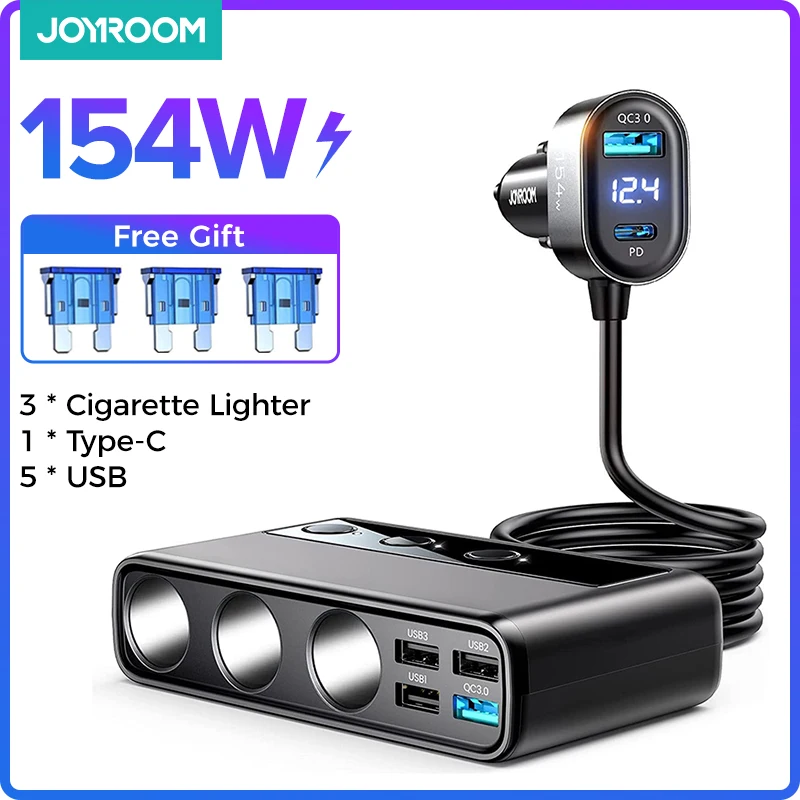 

Joyroom 154W 9 in 1 Car Charger Adapter PD 3 Socket Cigarette Lighter Splitter Charge Independent Switches DC Cigarette Outlet