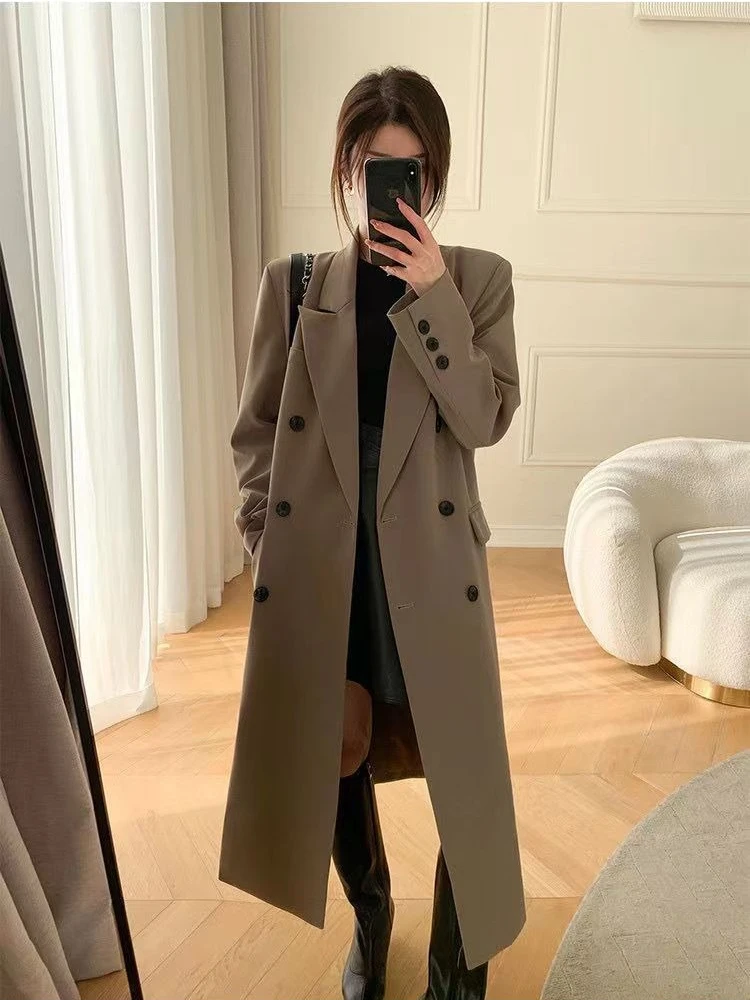 Spring Autumn Long Length Suit Jacket Womens Loose Double Breasted Trench Female Suit Collar Long Coats Elegant Women's Clothing