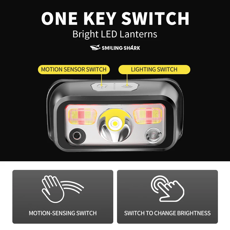 SMILING SHARK Mini Headlight Rechargeable Induction Fishing Light 4Mode Red Light Flash Waterproof Outdoor Fishing TD0144