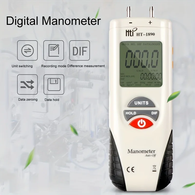 Hti HT-1890 High Precision Digital Manometer, Air And Gas Pressure Tester, Differential Pressure Dual Port Pressure Gauge