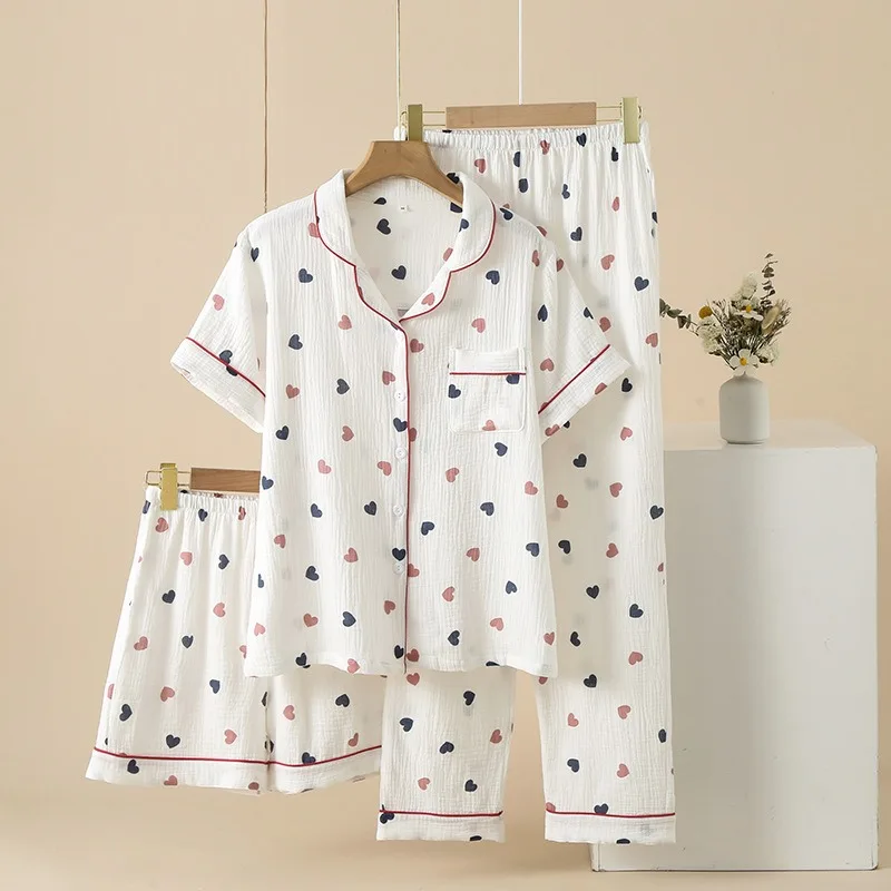 2024 New Spring/Summer Women\'s Pajamas 3 Piece Set 100%Cotton Crepe Short Sleeves+Shorts+Pants Set Love Cute Large Home pijama