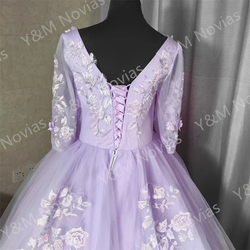 Vestido de quinceañera púrpura personalizado, vestido de fiesta de flores dulces, vestido de baile de encaje de lujo, Media manga, Vestidos bohemios para niñas