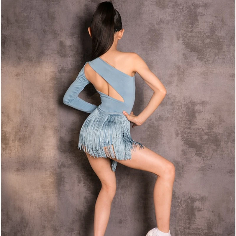 Kinderen Latin Dans Jurk voor Meisjes Blauw Lange mouwen Backless Turnpakje Kwasten Rok Pak Samba Training Optredens Kostuum