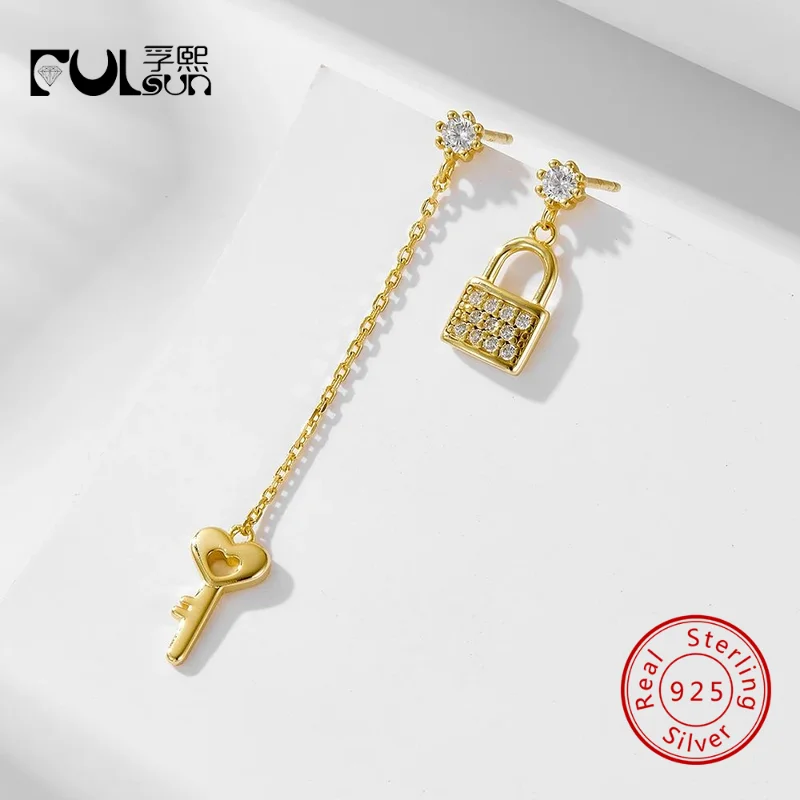 925 Sterling Silver Mismatched Lock Heart Key Drop Earrings Full Paved CZ Dainty Romantic Love Jewelry Gift For Women