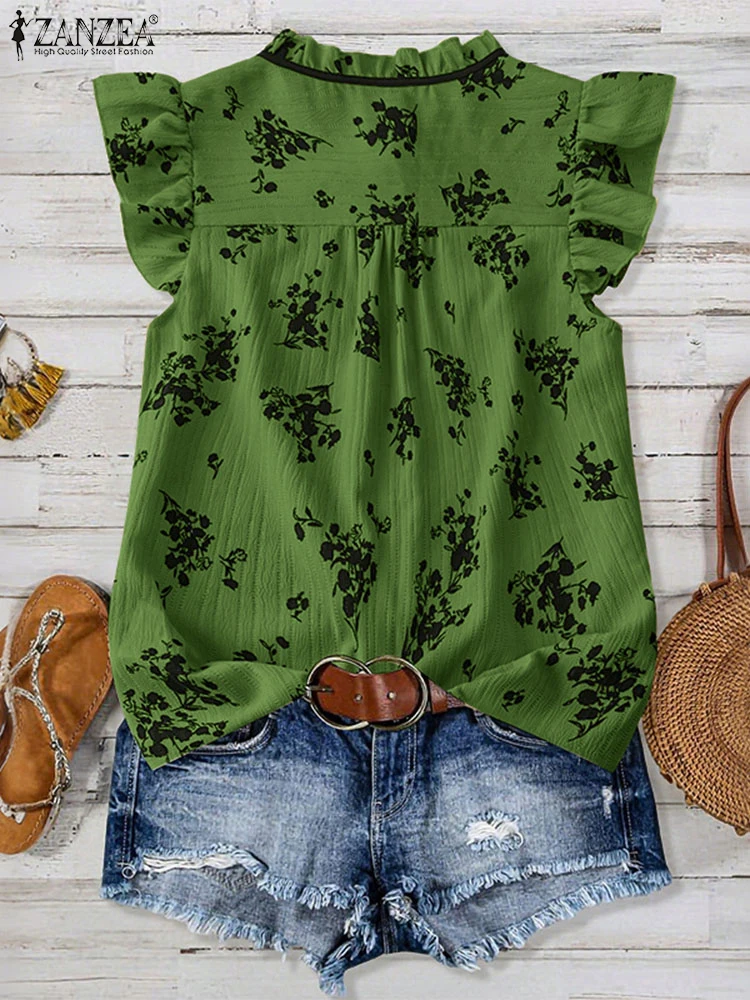ZANZEA 女性の夏のフリルシャツ 2025 半袖チュニックトップボヘミアン花柄ブラウスヴィンテージファッションボタンカジュアル Blusas