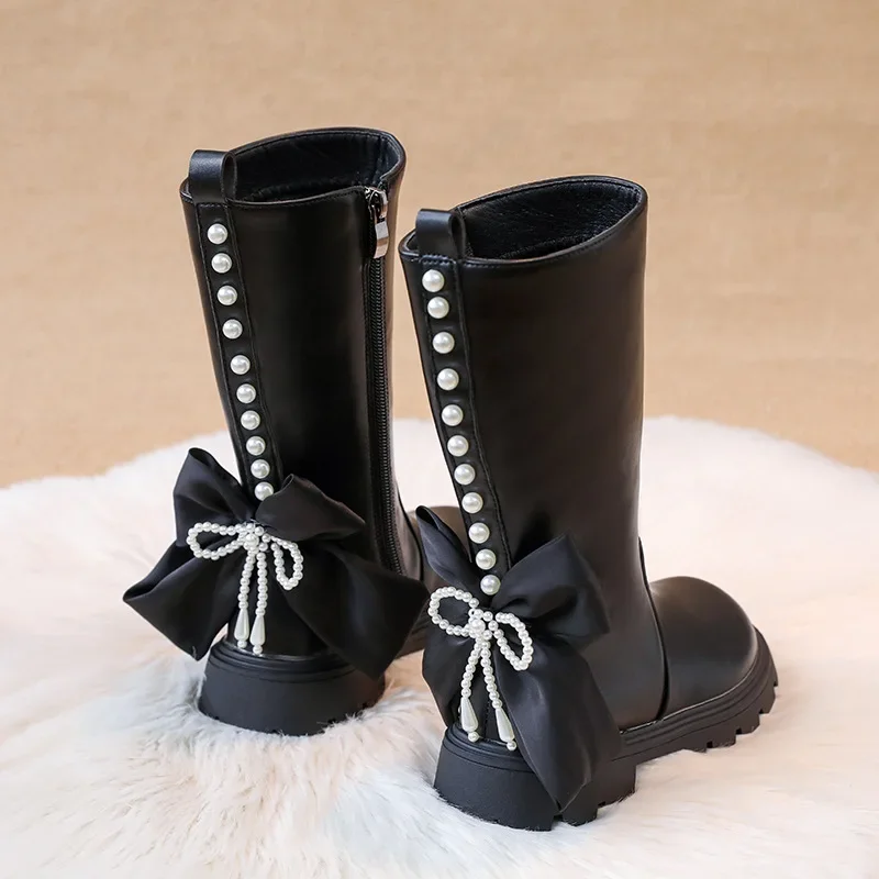 Botas elegantes de moda negras para niñas, botas de nieve de retazos para niños, dulce lazo, versátiles, botas altas de pasarela de princesa para niños