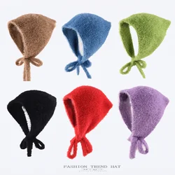 French Headscarf Women Autumn Winter Warmth Plush Knitted Wool Triangle Towel Sweet and Cute Tied Lace-up Knitted Headband