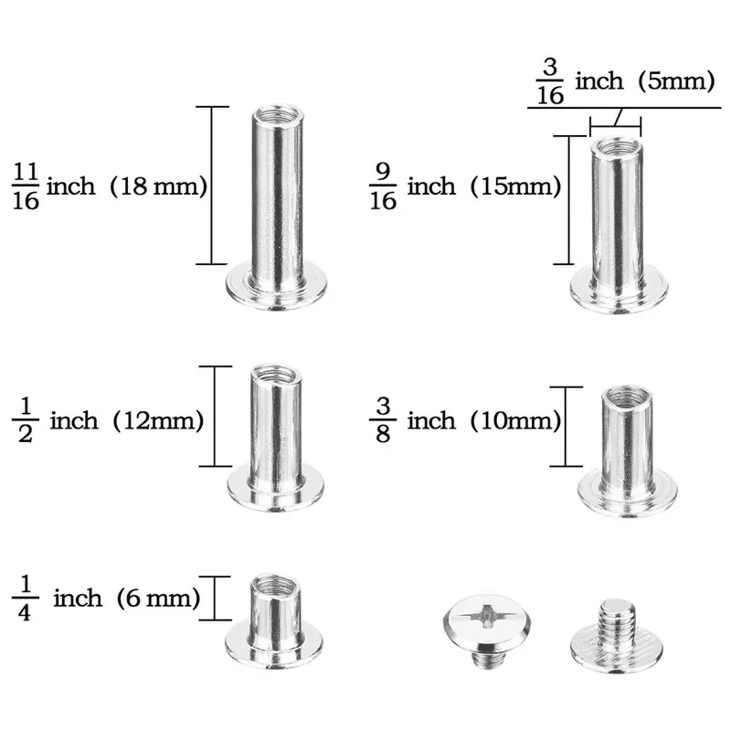 80Pcs M5 6/10/12/15/18mm Leather Studs Snap Rivets Bolts and Nuts Books Butt Screw Photo Album Binding Screw Fasteners Kit