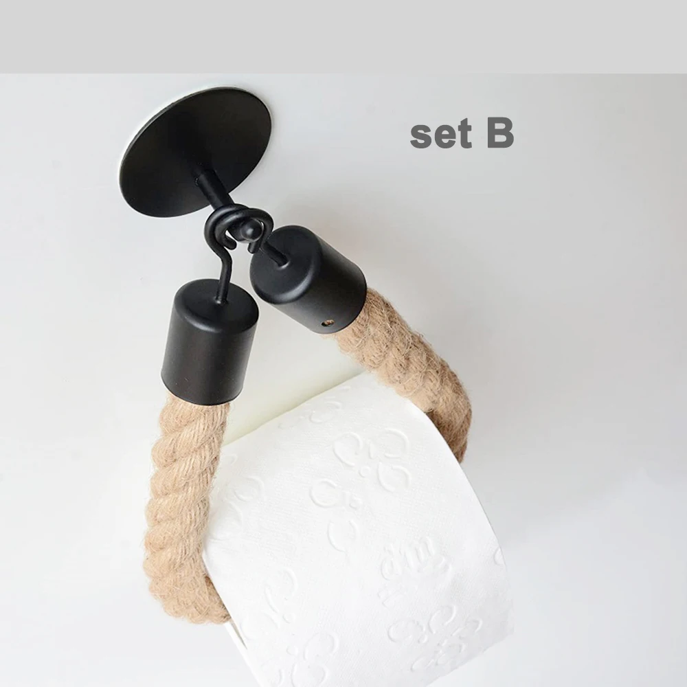 Retro Toilet Tissue Roll Holder Matte Black Vintage Steel Paper Towel Ring for Household Storage Rack Wall Sticker Jute Rope