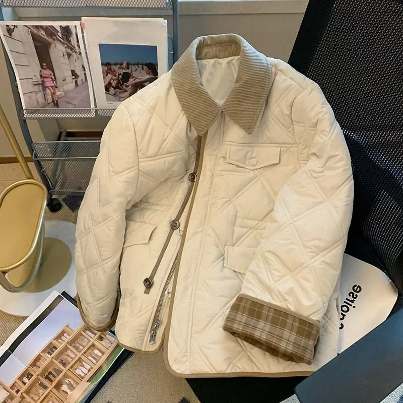 

Korean Stitching Cotton-Padded Jacket Women Outwear 2025 Autumn Winter Fashion Vintage Loose Warm Down Cotton-Padded Jacket Coat