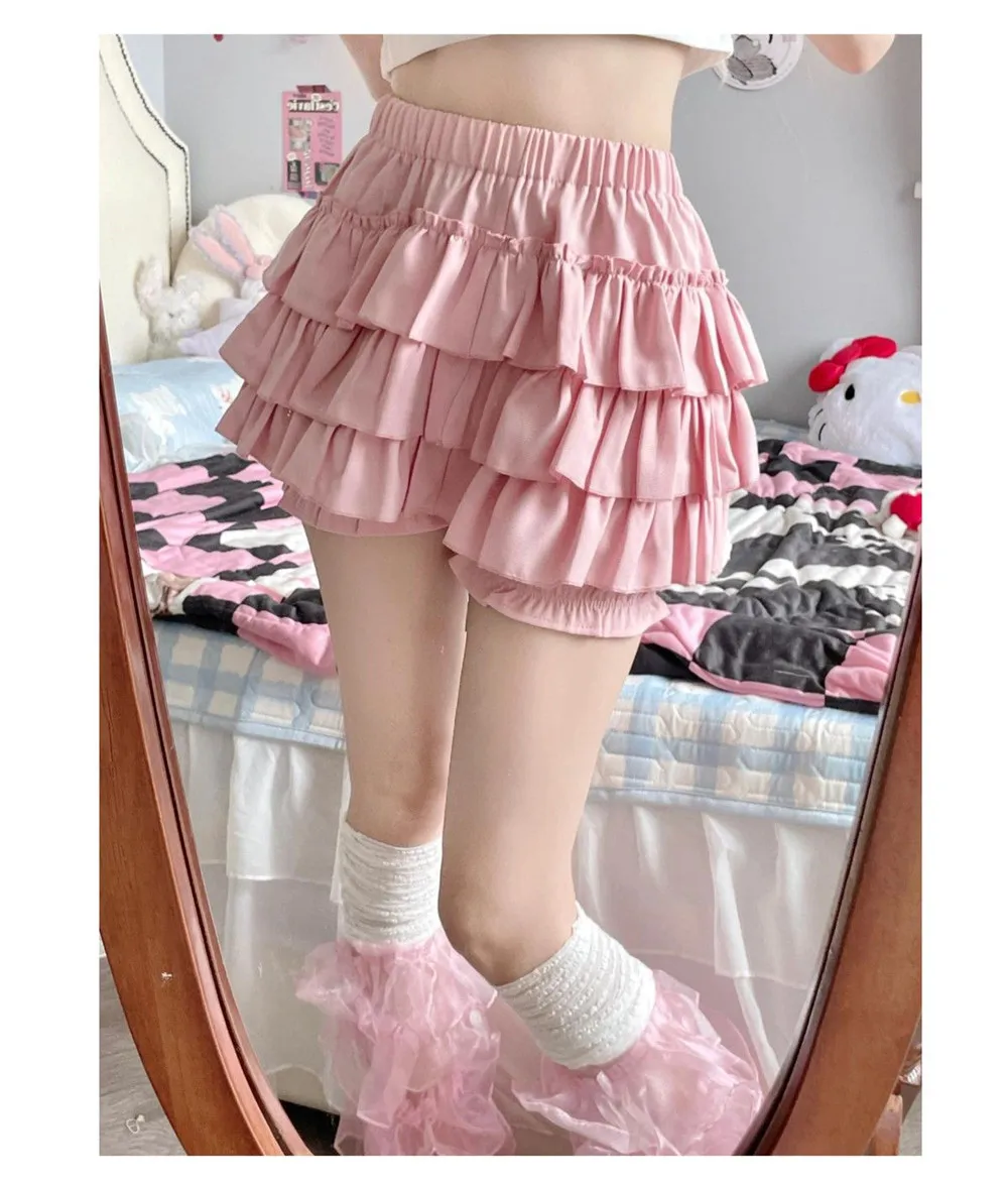 Y2K New Fashion Women Kawaii Lace A Line Skirts Harajuku Japanese High Waist Pink White Ball Gown Skirt Sweet Ruffles Mini Skirt