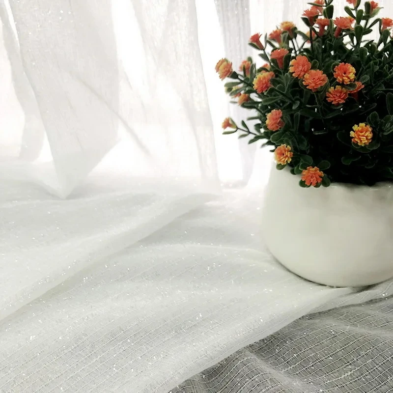 Cortina transparente blanca y plateada brillante para sala de estar, dormitorio, tiras simples modernas, gasa para ventana, cortinas de cocina