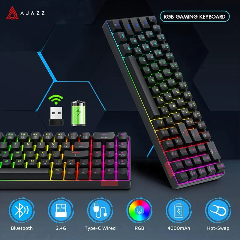 AJAZZ AK692 Gaming Mechanical Keyboard RGB 68 Keys Hot Swap Custom Keyboard Bluetooth Wireless Keyboards for PC Laptop Computer