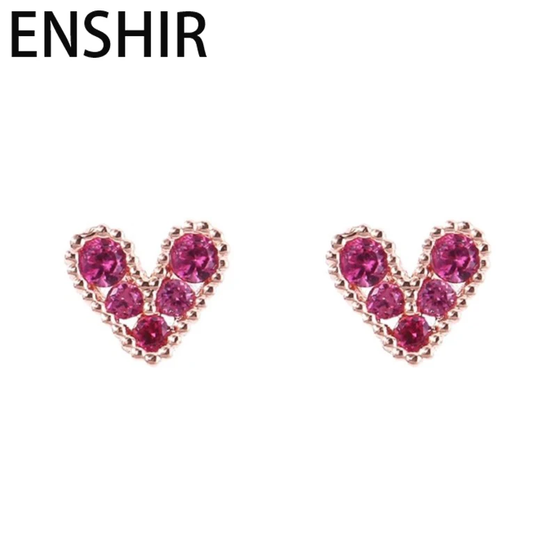 ENSHIR Rose Pink Love Heart Zircon Stud Earrings for Women Vintage Romatic Trendy Jewelry Accessories