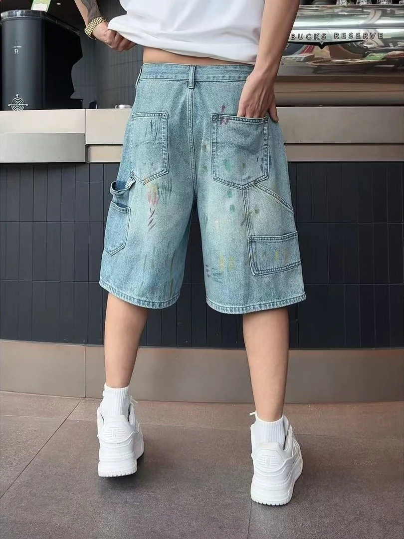 Summer Vintage Washed Ripped Denim Shorts Men Casual Hand-drawn Graffiti Straight Leg Five-Point Pants Cotton Bleaching Process