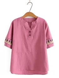 Plus Size Clothing For Summer Short Sleeve Chinese Style Embroidery Pattern Cotton Fabric Large Size Shirt Fit Busty Lady Wear