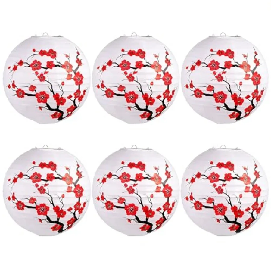 Paquete de 6 decoraciones de Año Nuevo chino, faroles de papel, faroles de papel redondos decorativos japoneses, lámparas blancas de flor de cerezo
