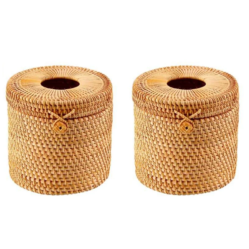 2Pcs Toilet Paper Cover Wicker Decorative Holders With Lid For Storage Single Roll And Tissues