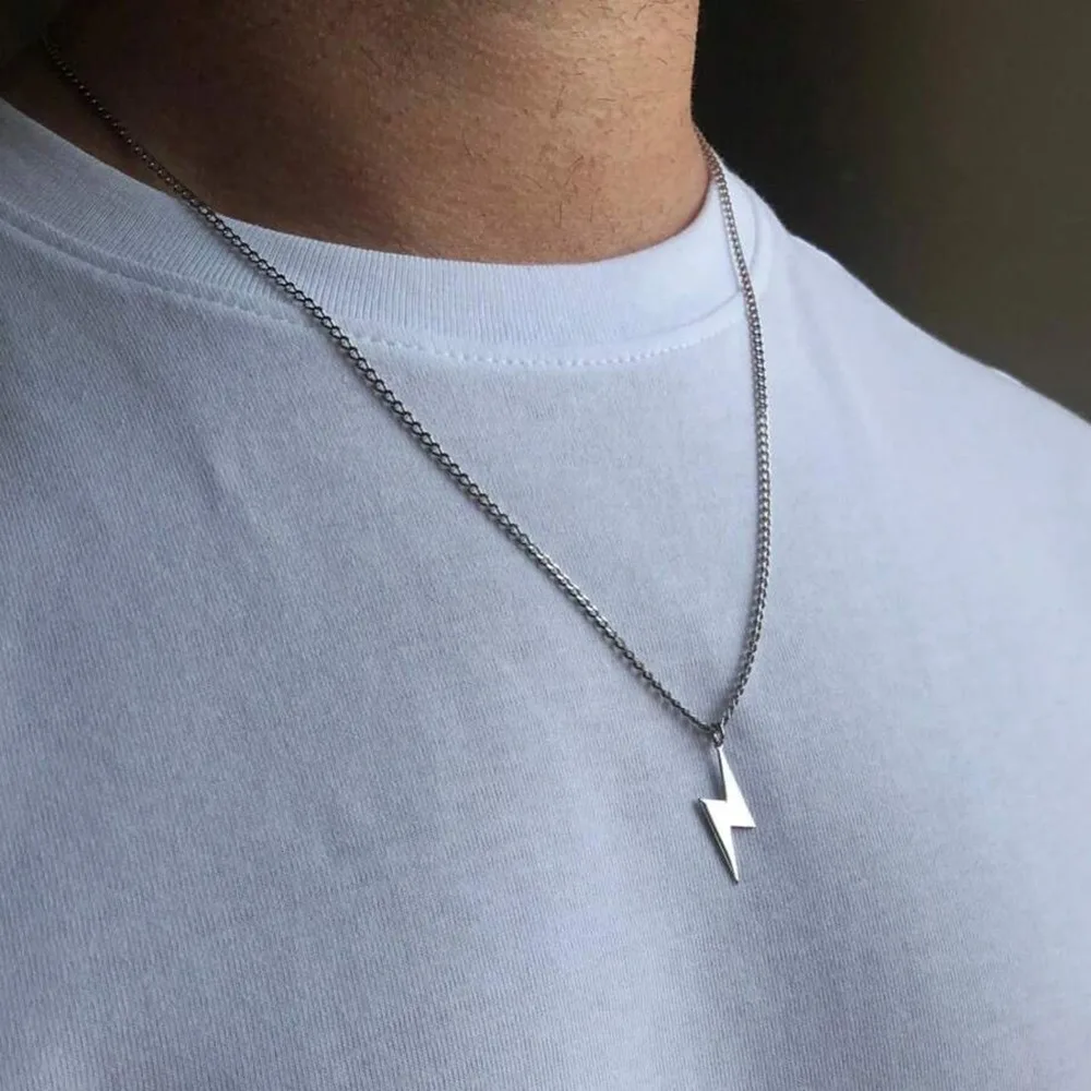 Simple Personality Stainless Steel Lightning Pendant Necklace for Women Men Hip-hop Fashion Collar Chain Jewelry Accessory Gift