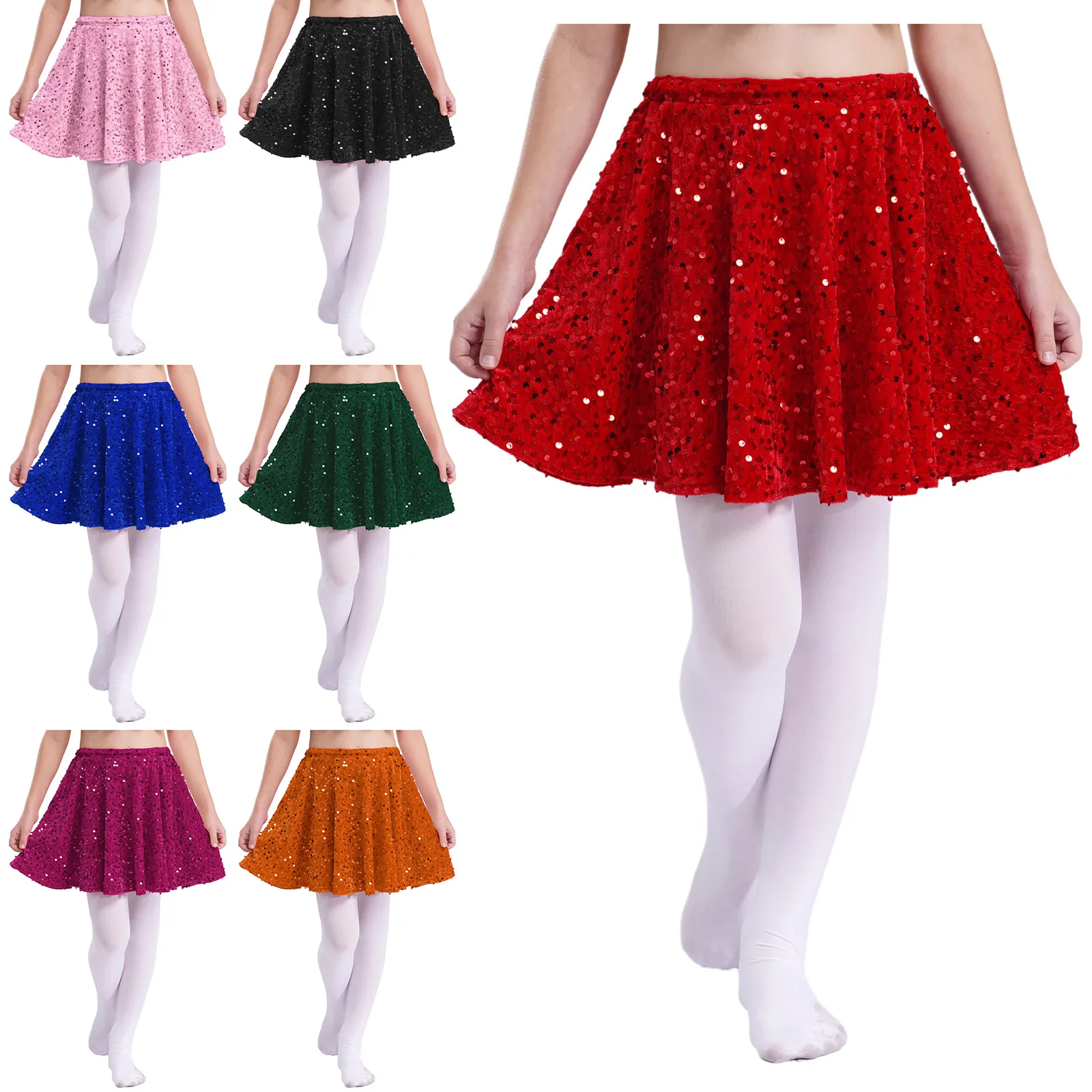 Kids Girls Christmas Party Costume Sparkle Sequin Velvet Skirt with Elastic Waist for Holiday Celebration Activity Dress Up