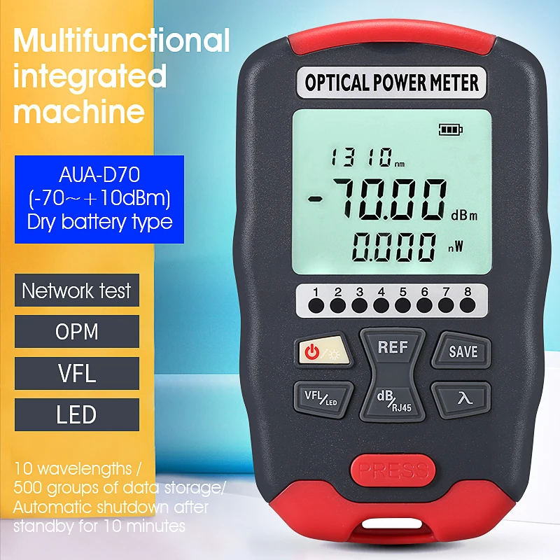 

Измеритель оптической мощности AUA-D70 -70 ~ + 10 дБм 4 в 1, многофункциональный визуальный локатор неисправностей, тестер оптоволоконного сетевого кабеля 1-50 МВт (опционально)