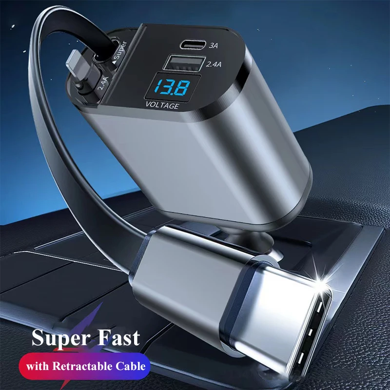 4 in 1 Retractable Car Charger with Voltage Display Super Fast 120W Car Charger Retractable Cord 2.6 Ft for iPhone Samsung OPPO