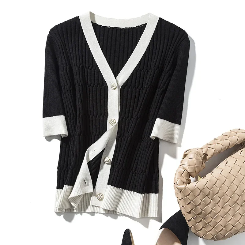 2023 New Women's cashmere cardigan V-neck short sleeved white black patchwork Korean summer boutique exquisite cardigan