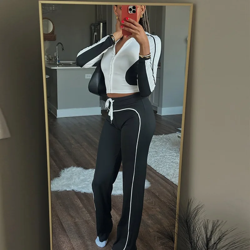 

Осенний лоскутный комплект из 2 предметов, женский спортивный костюм, весенняя укороченная куртка на молнии + повседневные брюки, одинаковые узкие уличные эластичные наряды