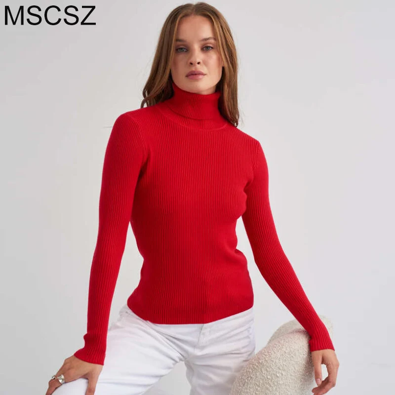 MSCSZ 2024 New In High Neck Sweater For Women Ribbed Knitted Long Sleeve Sweaters Slim Fit Solid Jumper Red Christmas Sweater