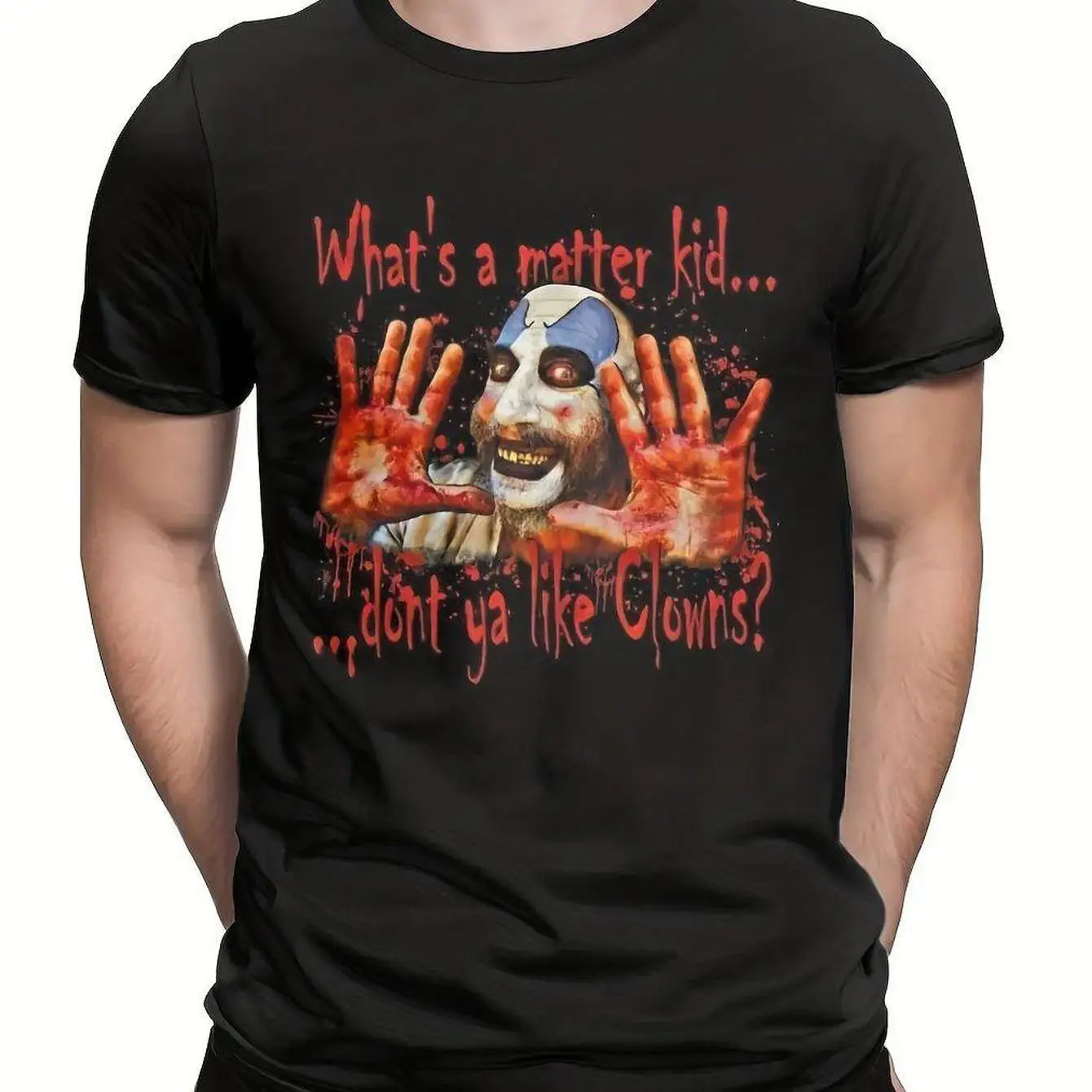 

Men's Theme Pure Cotton T-shirt What's A Matter Kid Graphic Black Casual T-shirt Suitable for Halloween and Horror Fans