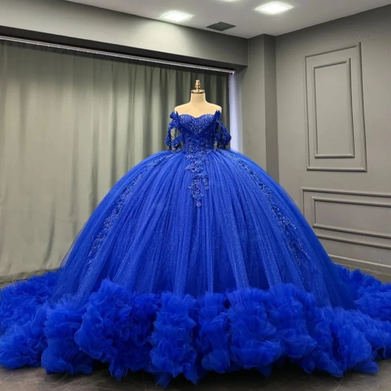 Shiny royal blue Quinceanera Dress crystal Glitter 3D Flower Decal off-shoulder Long tail Vestidos De 15 Quinceanera ﻿Customize