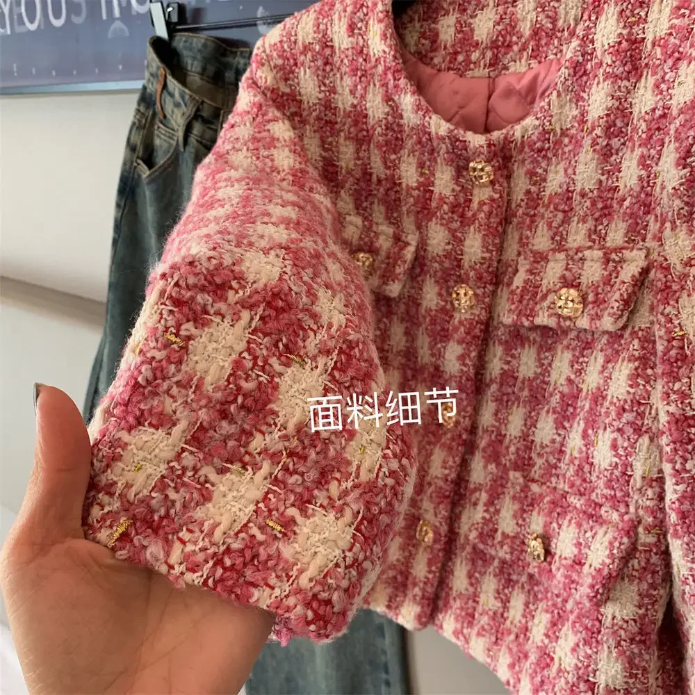 KUSAHIKI Tweed cappotto corto donna 2023 autunno coreano Hit Color Plaid giacca moda elegante o-collo monopetto Cardigan top