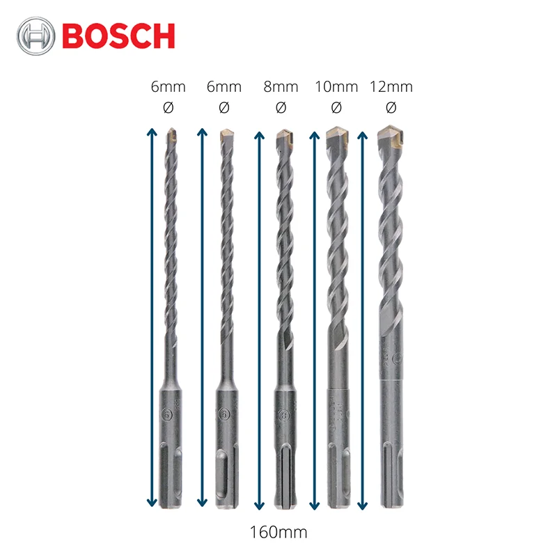 Bosch 2608579120 Concrete/Masonry SDSplus Hammer Drill Bit 5 Pcs. Set (6/6/8/10/12mm x 160mm) Impact Drill Round Shank Four Pits