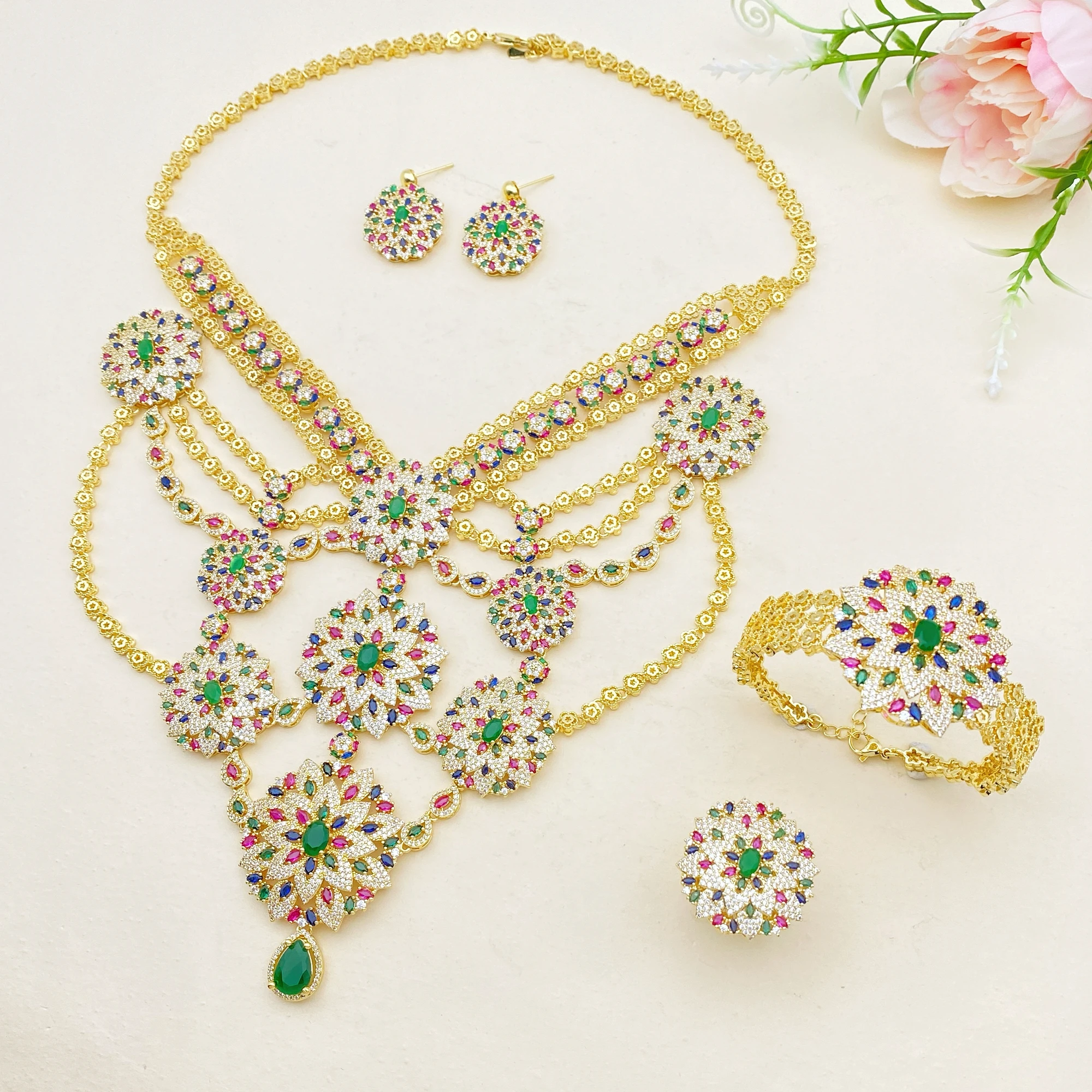 

Флора свадебные комплекты ювелирных изделий с кубическим цирконием многослойное позолоченное медное штабелируемое кольцо длинный браслет ожерелье серьги для женщин