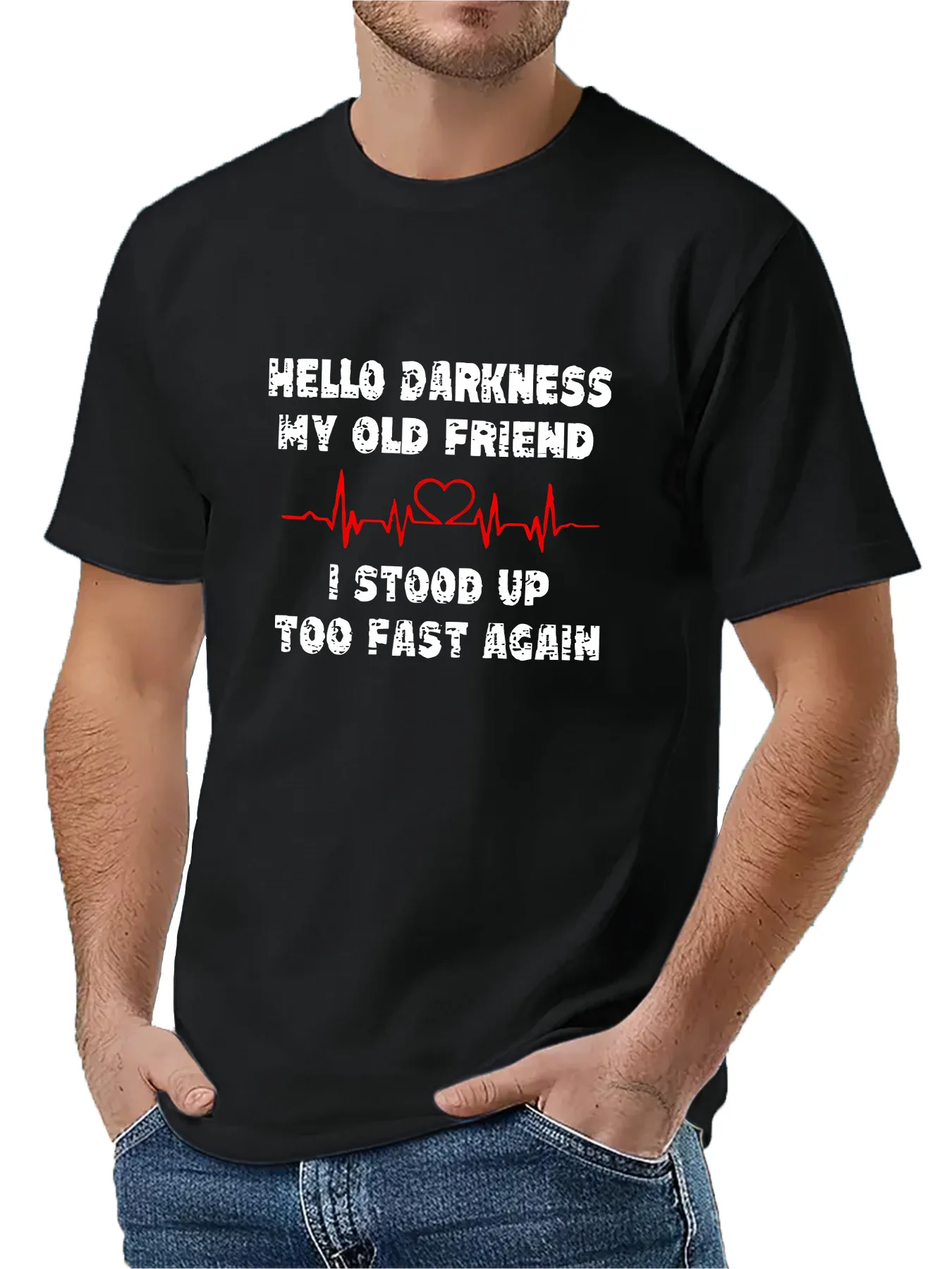 Men's Casual Crew Neck T-Shirt - "Hello Darkness My Old Friend I Stood Up Too Fast Again" Pattern, Light Blu