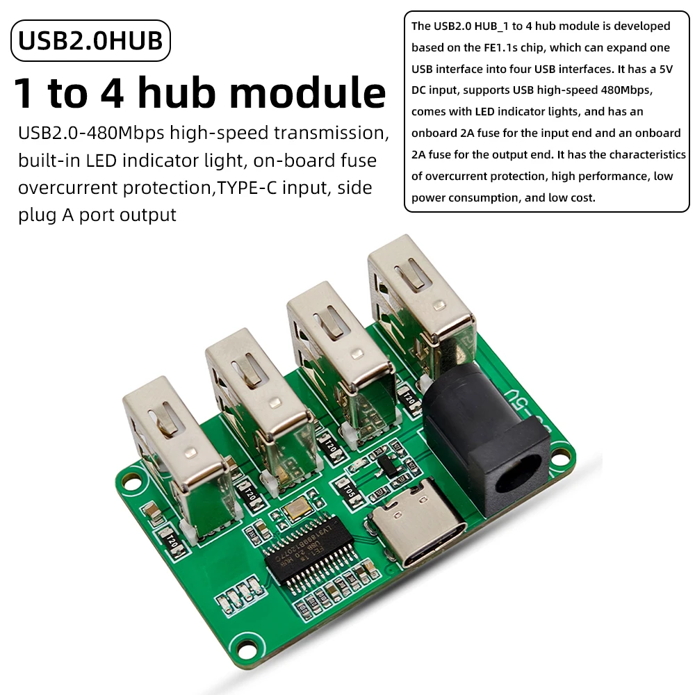Módulo concentrador USB 2,0 de 5V CC, interfaz PH2.0 de 1 a 4 puertos, sin unidad, divisor USB, compatible con expansión de interfaz USB de uno a cuatro