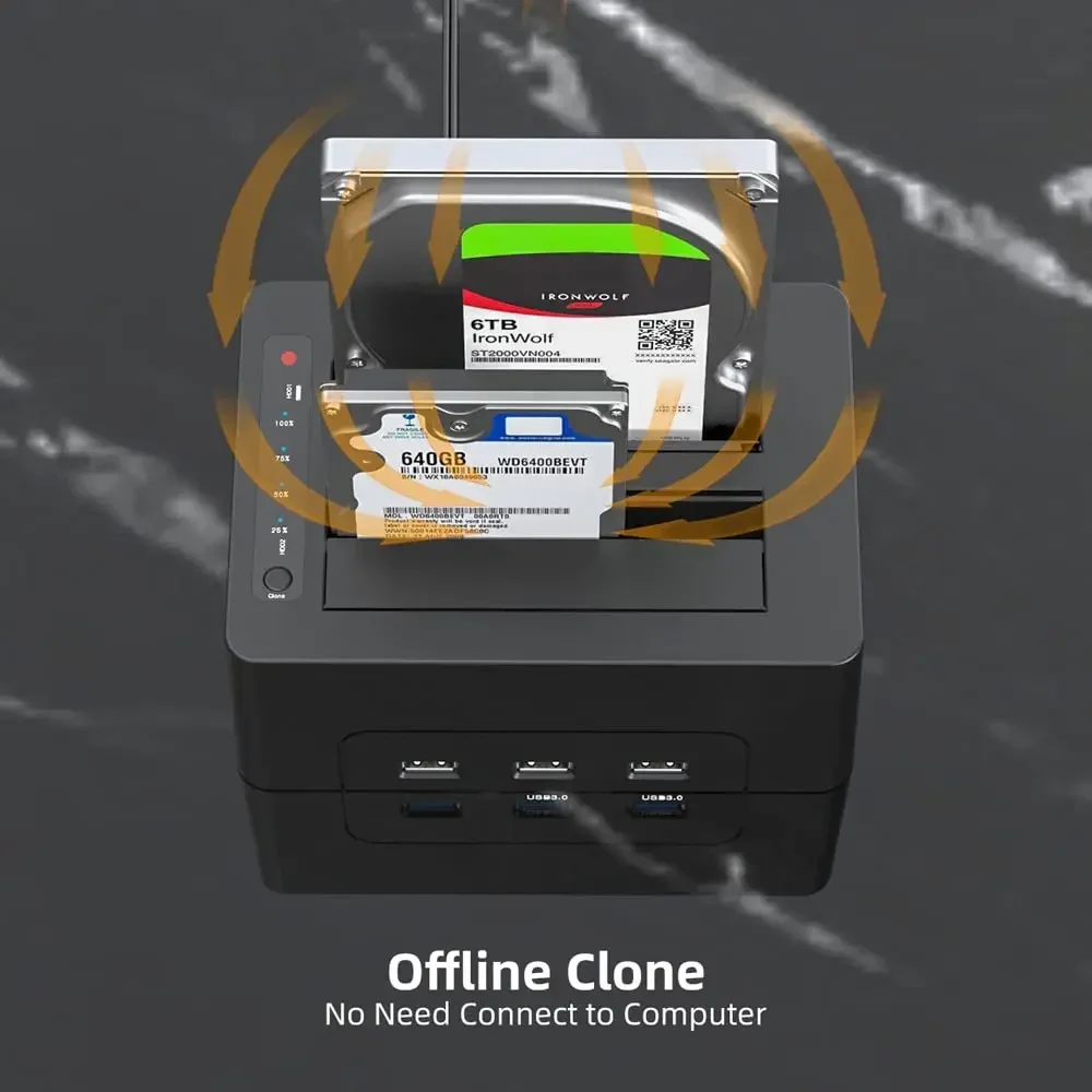 MAIWO Dual Bay 2.5 3.5 Inch SATA HDD SSD with Offline Clone for 3X USB3.0 Hub Extension 48TB Capacity Hard Drive Docking Station