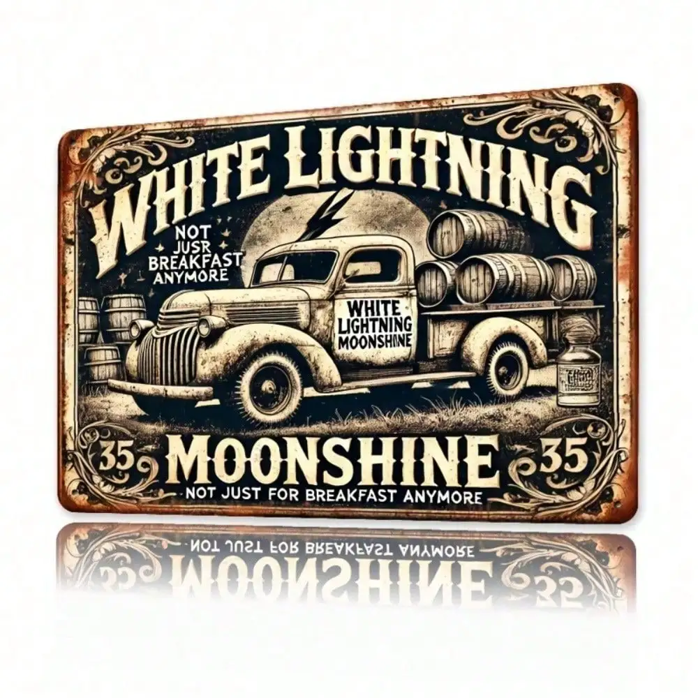 Vintage White Lightning Moonshine Metal Wall Decor 8x8 Inch - Rustic Iron Sign Bar Garage “Not Just For Breakfast” Saying