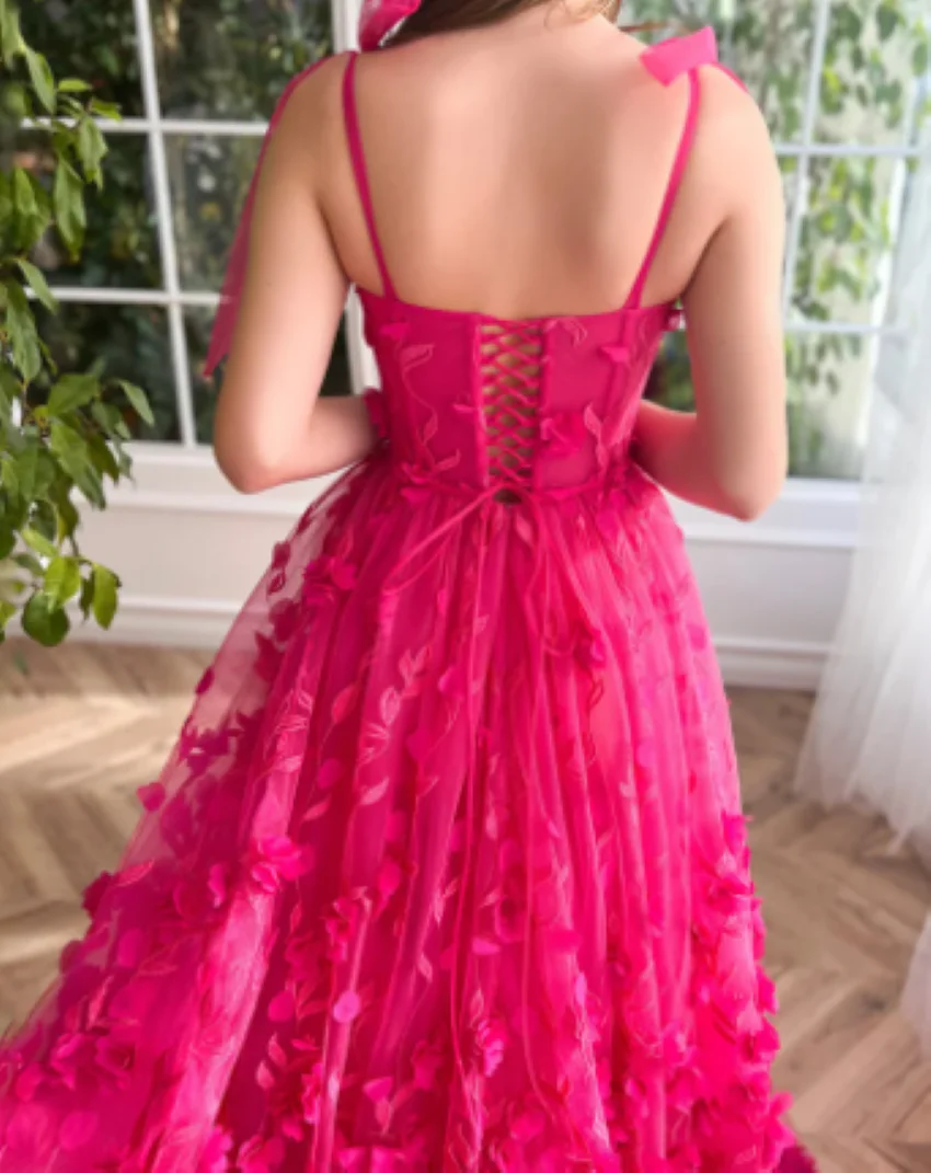 Applique 3D Fuchsia Flowers Prom Dresses Floor Length Celebrity Dresses Custom Sweetheart Evening Party Gowns with Slit