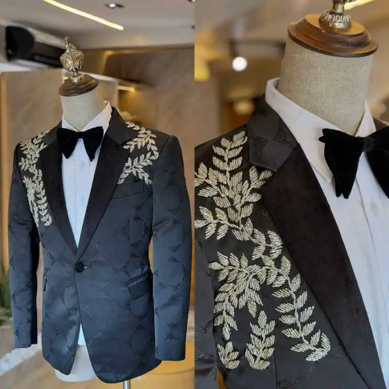 

Jacquard Men Suit Slim Fit 1 Piece Blazer Notch Collar Beading Single Breasted Wedding Groom Formal Occasions Customized