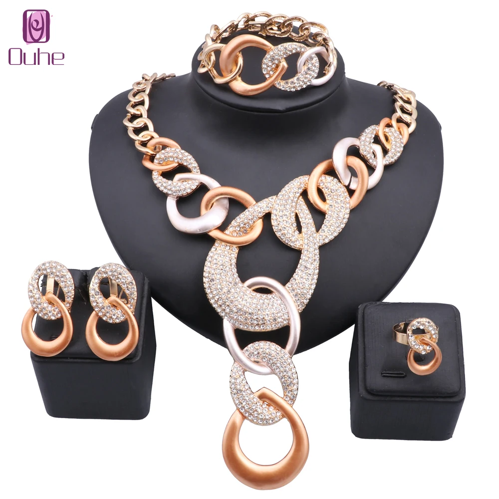 Dubai Crystal Jewelry Set Design for Women Wedding Bride Necklace Brazili Gold Color Party Gift Earrings Bracelet Ring