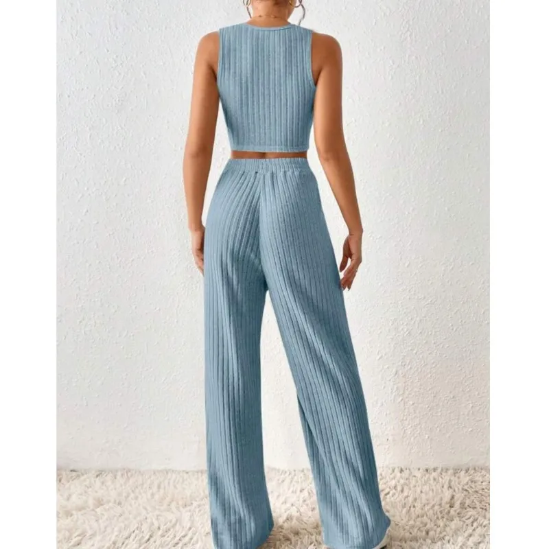 Spring Summer Fashion Casual Solid Soid Knitted Sleeveless Short Style Open Waist Tank Top High Waist Elastic Tight Pants Set