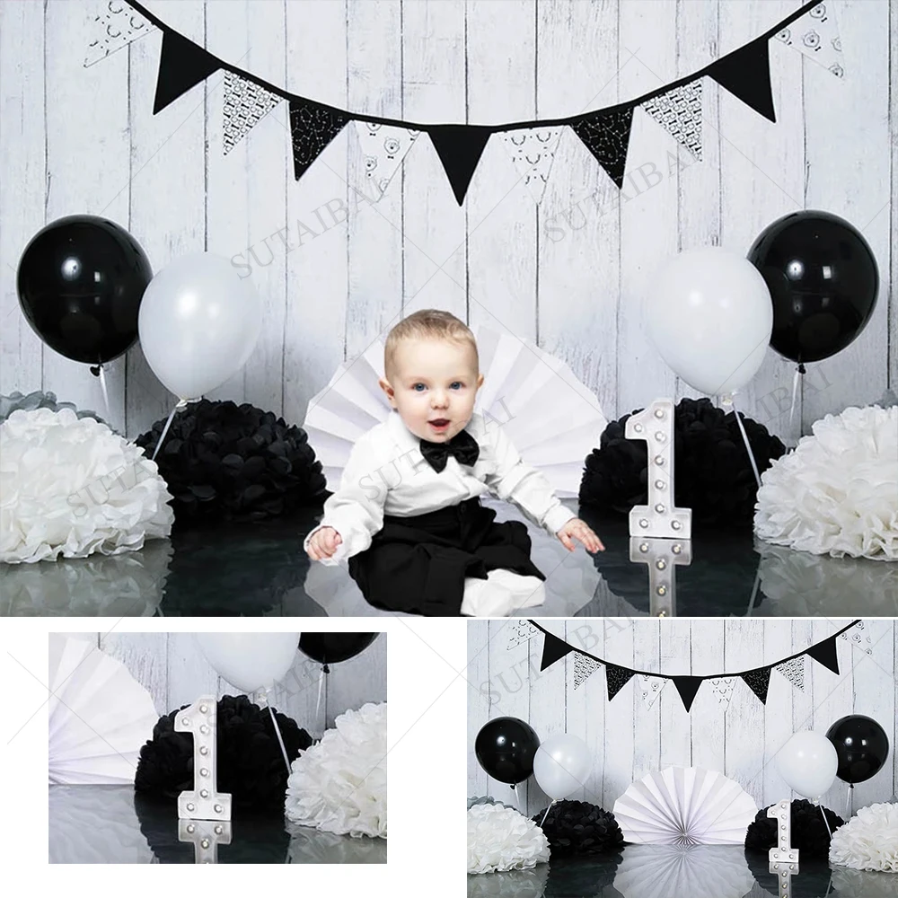 Photography Background Black White Paper Flowers Wooden Wall Boy 1st Birthday Cake Smash Decor Backdrop Photo Studio Props