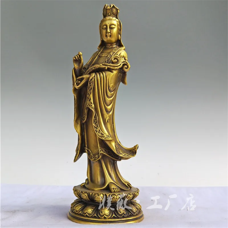 Brass Guanyin statue, brass standing Guanyin with lotus and backlight, brass Buddha statue, craft item