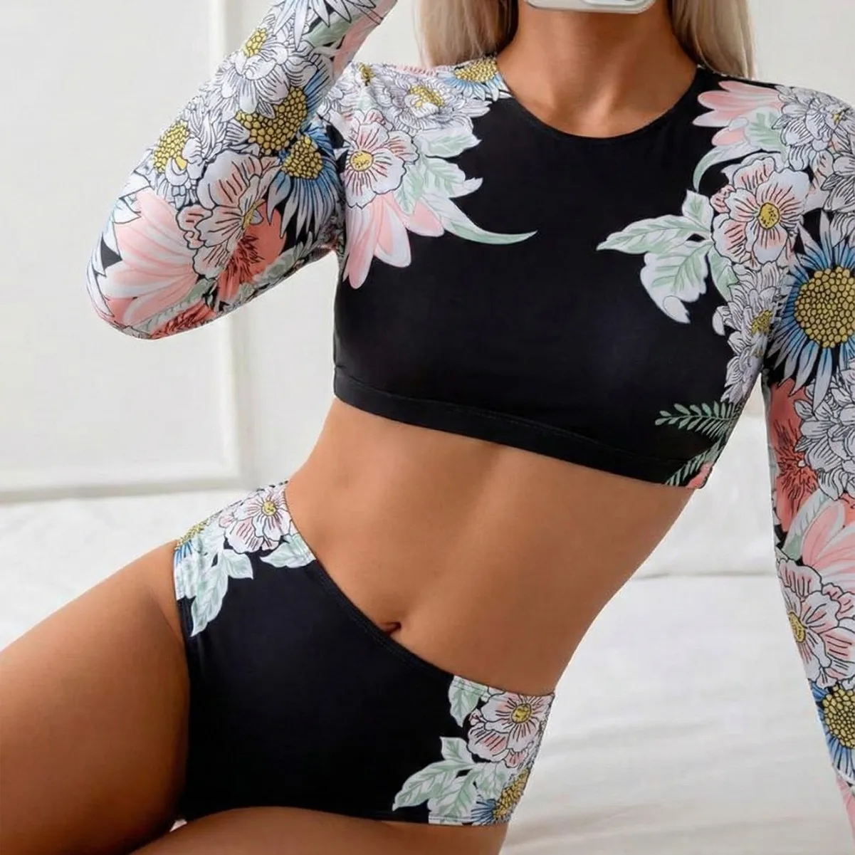 2026 Long Sleeve Two Pieces Surfing Swimsuit Floral Print Swimwear Women Rashguard Diving Clothes Bathing Swim Suit Beachwear