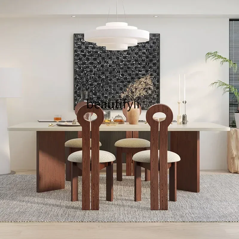 

Y Medieval Natural Travertine Dining Table Marble Household Rectangular French Restaurant Retro Solid Wood Dining Table