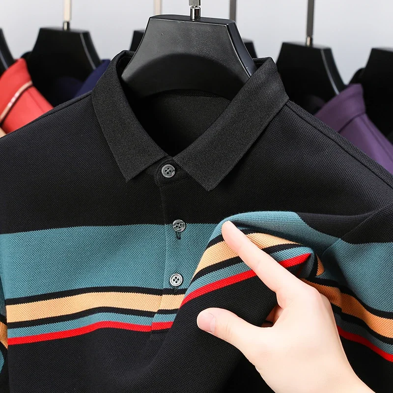 2024 100% Cotton Men's Polo Shirts Luxury Long Sleeve Business Casual Autumn Winter Striped Male T-shirts Fashion Man Tees 4XL