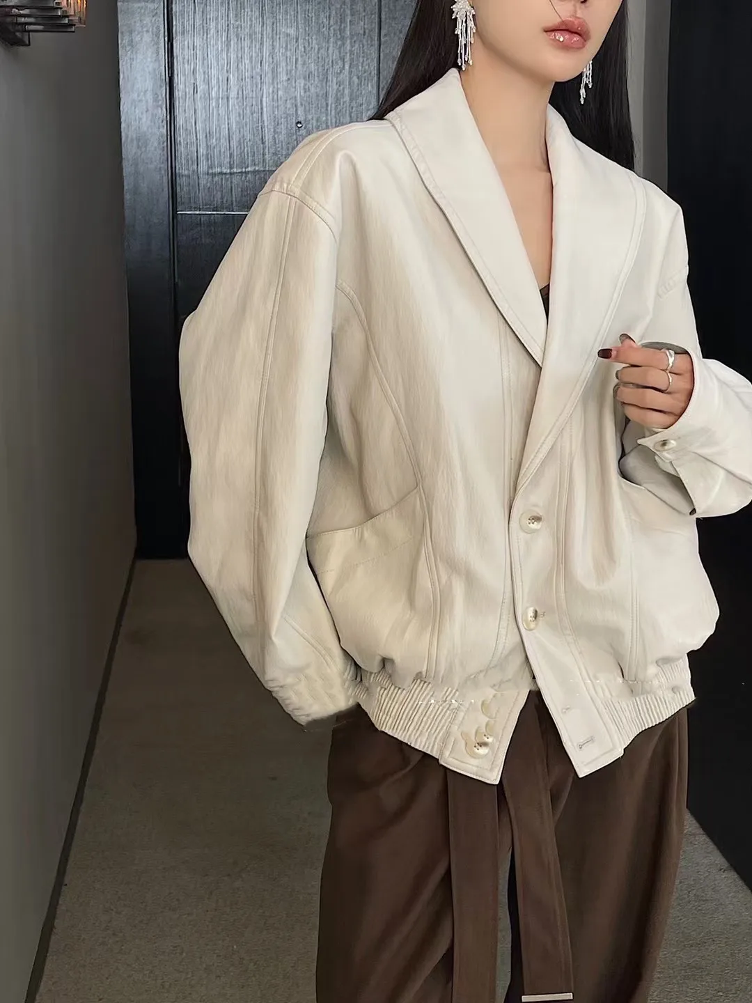 treetwear Giacca da donna retrò allentata corta in ecopelle Pu Primavera Autunno Cappotto con cerniera femminile Capispalla da motociclista vintage