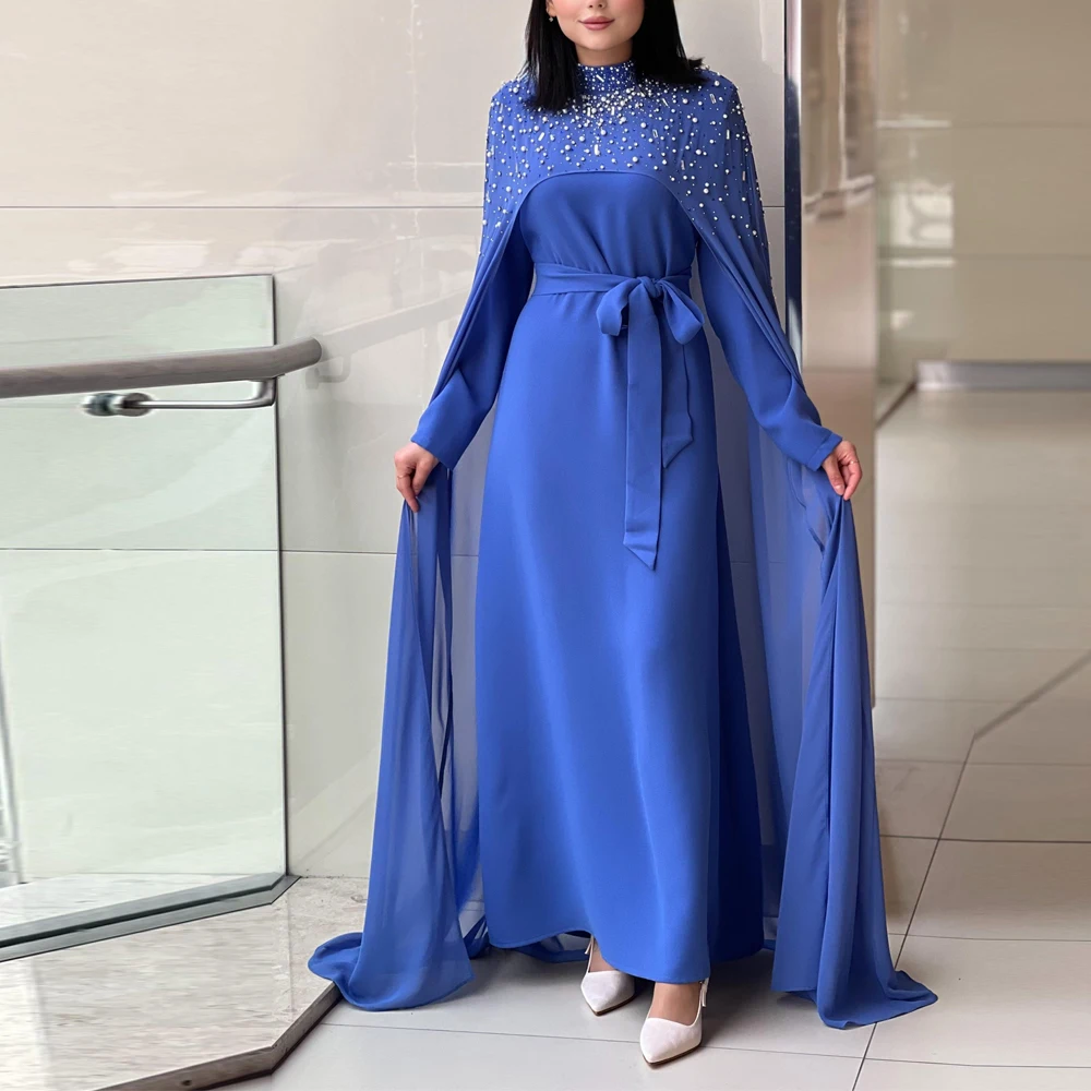 

Customized Blue Muslim Evening Dress with Beaded Cloak High Neck Long Sleeve Hijab Formal Gown Ankle-Length Abaya Dresses